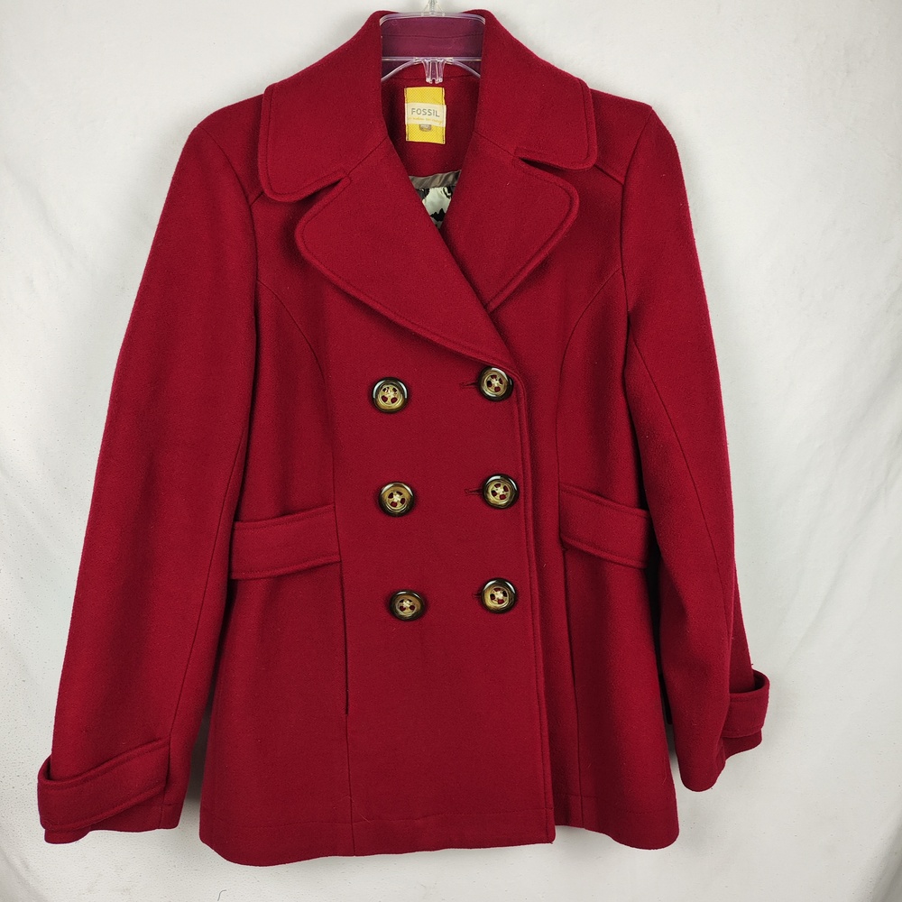 Fossil Coat Womens Medium Red Wool Twill Pea Coat Double Breasted Lined Buttons